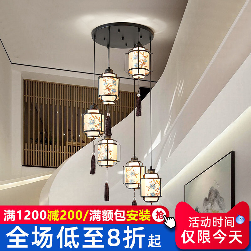 New Chinese style long chandelier 2021 new style Chinese style fabric dining room living room lamp duplex staircase aisle lamp 