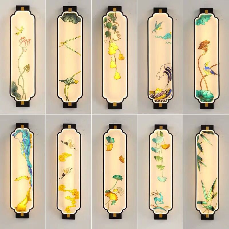 New Chinese style wall lamp enamel color Chinese style long strip living room TV background wall full copper wall lamp bedroom bedside lamp