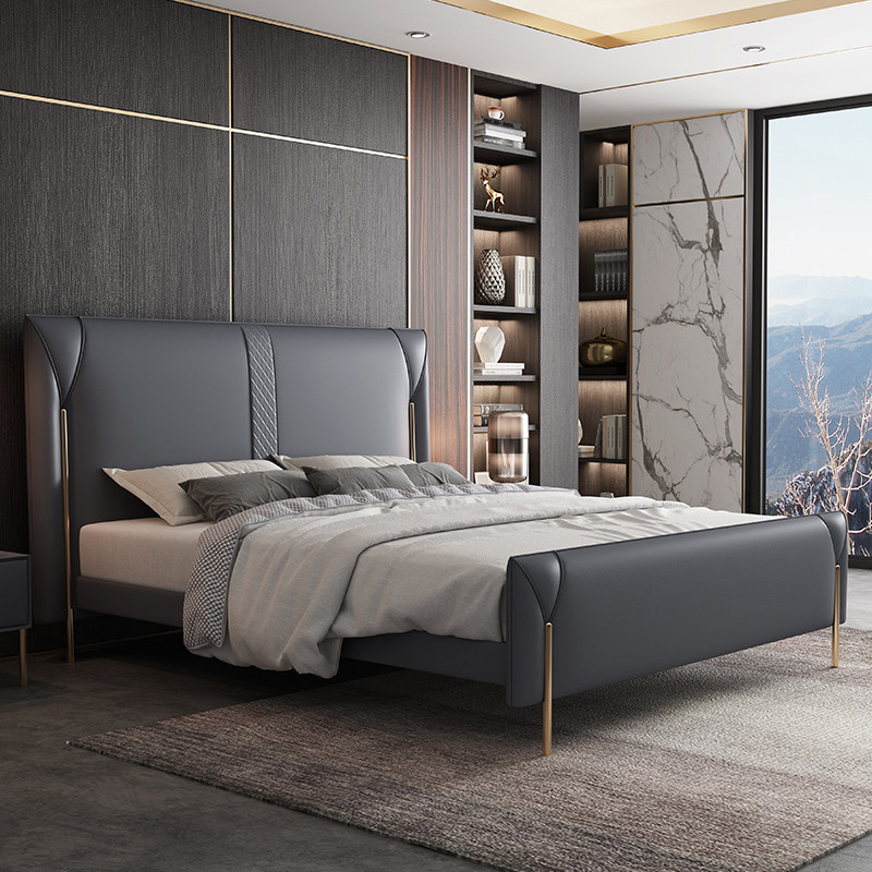 Modern minimalist leather Nordic solid wood bed master bedroom light luxury wedding bed 1 8m Italian minimalist double bed soft bed