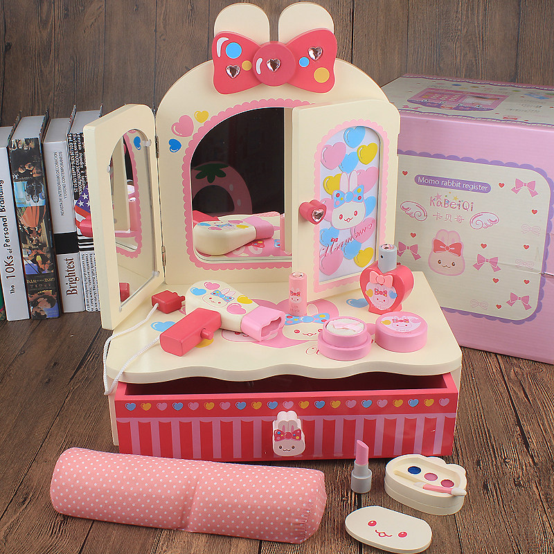 Wooden children's dressing table toy girl simulation play house wine 2-3-4 years old baby makeup jewelry box set