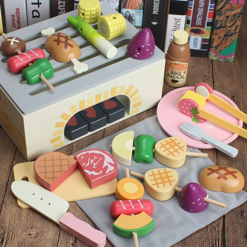 Wooden simulation barbecue set Baby play house wine Children's kitchen toys BBQ fruit cut birthday gift