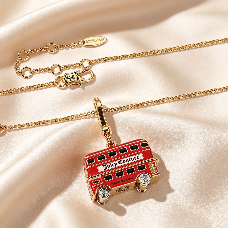 Light Luxury High-End Enamel Openable Red Car Pendant Necklace Fashionable Puppy Double-Decker Bus Keychain