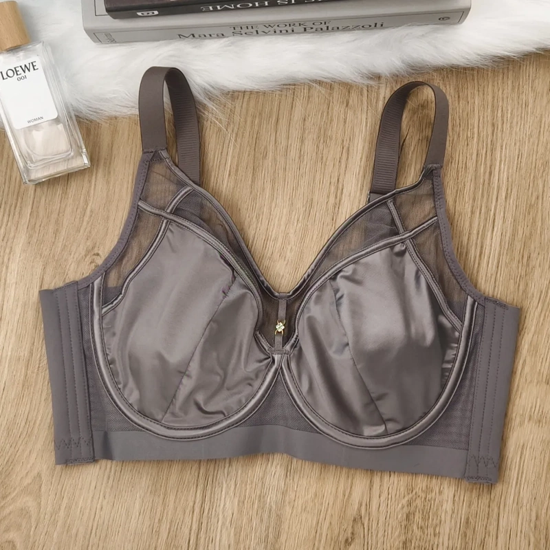 Summer Satin Large Bust Minimizing Slimming Thin Bra for Women with Soft Underwire, Side Support, Anti-Sagging, Adjustable Bra