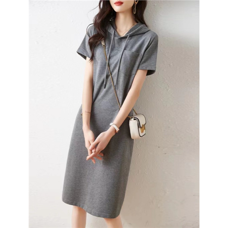 Long Dress, Over-The-Knee Skirt, 2025 Drawstring, Pure Cotton, Hooded, New Style Dress, Summer Casual, Slim Fit for Women Long Dress, Over-The-Knee Skirt, 2025 Drawstring, Pure Cotton, Hooded, New Style Dress, Summer Casual, Slim Fit for Women