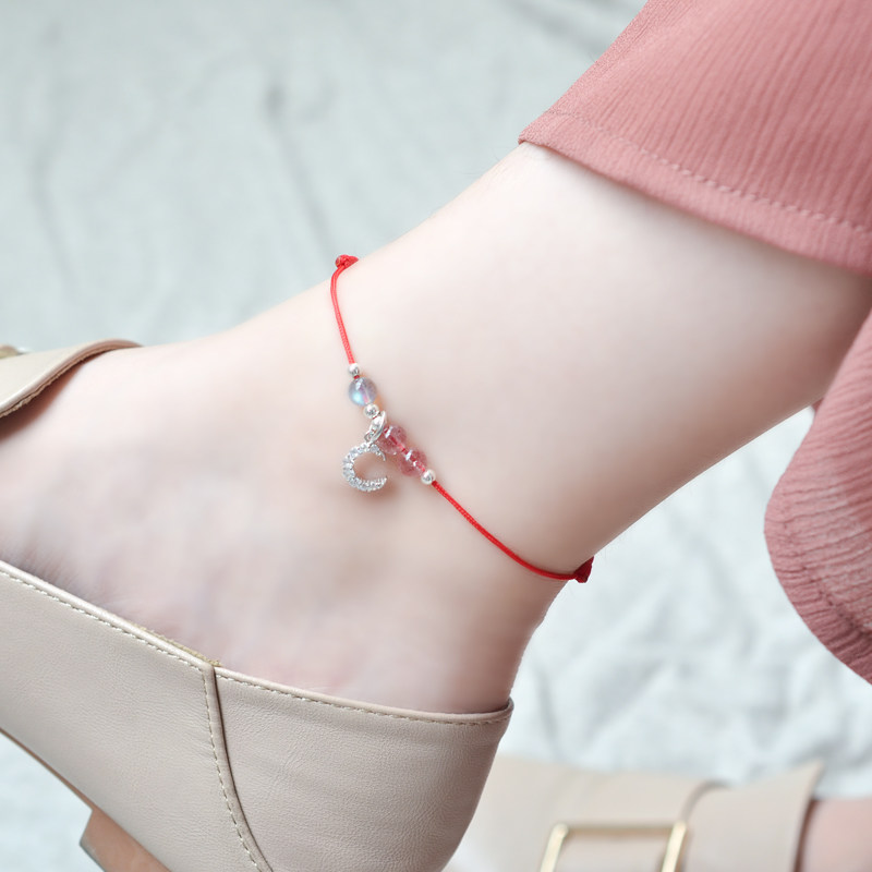 Red rope anklet female summer sterling silver transfer trick peach blossom strawberry crystal crystal ultra-fine anklet natal life safety foot chain