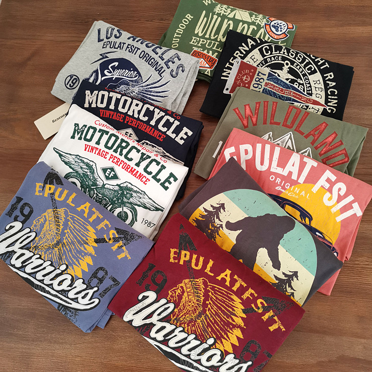 Line Lower RMB100 Quality American retro printed pure cotton mill wool material Men's round collar casual hitting bottom long sleeve T-shirt