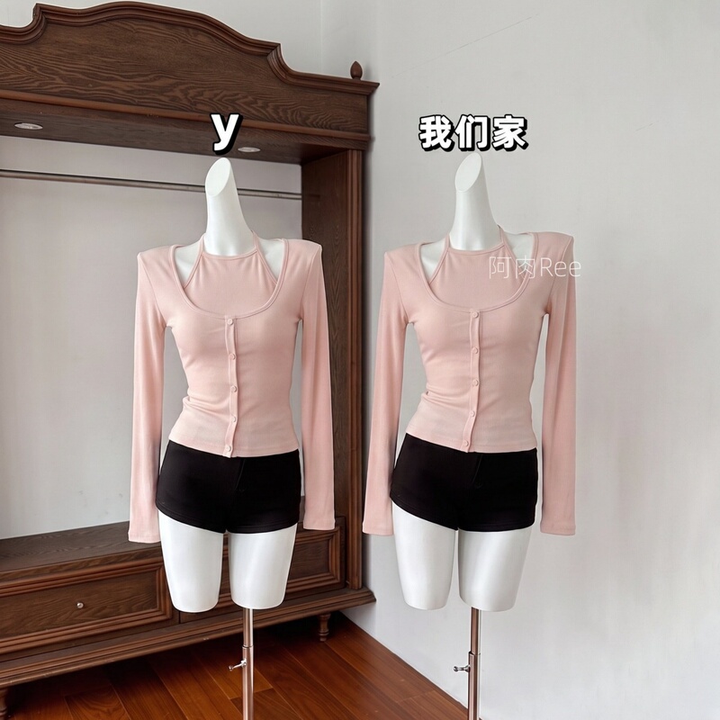 Arouree Cappuccino Fake Two-Piece Halter Neck T-Shirt for Women, Autumn/Winter Korean Style Pure Desire Slim Fit Top