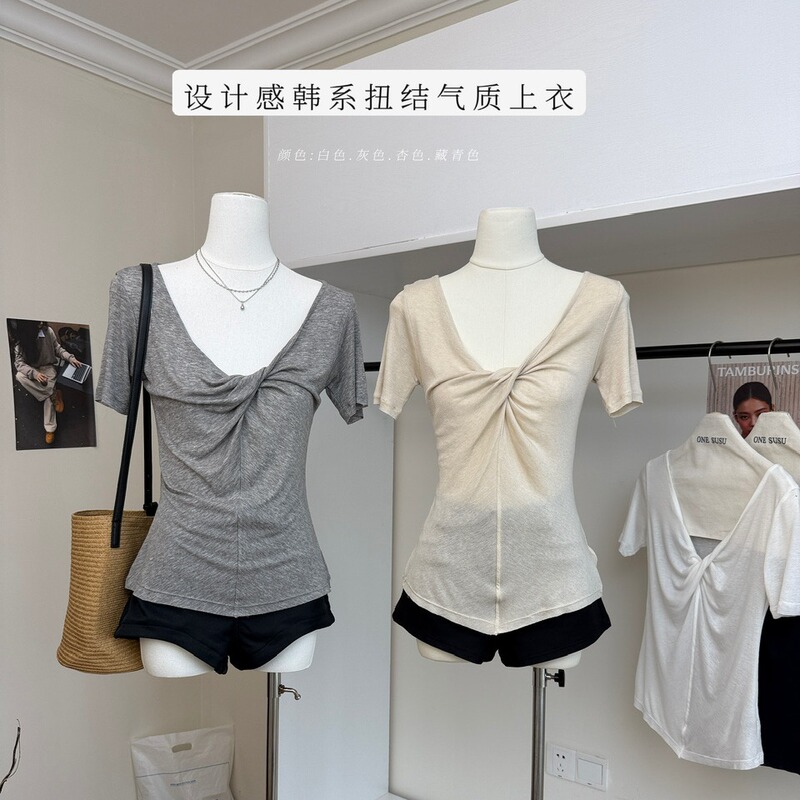 Arou Ree “Twist T” Lyocell Merino Wool Short Sleeve T-Shirt for Women with Cross Design Korean Style Top