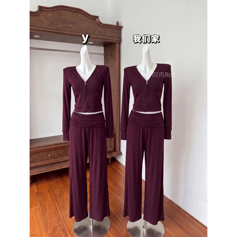 Arou Ree Aerobic Walking/Pure Desire V-Neck Zipper Top Slimming Folded Waist Lazy Wide-Leg Casual Pants Set Arou Ree Aerobic Walking/Pure Desire V-Neck Zipper Top Slimming Folded Waist Lazy Wide-Leg Casual Pants Set