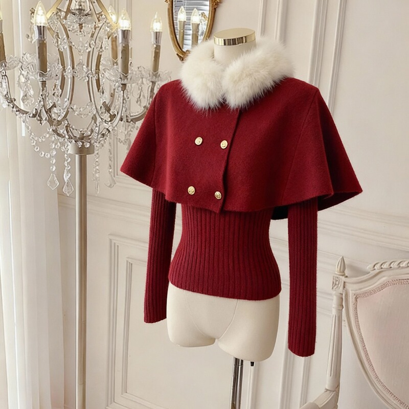Arou Ree Korean Style Outfit Christmas Atmosphere Red Sweater Cape Knitwear Two-Piece Set Autumn and Winter New Women's Collection