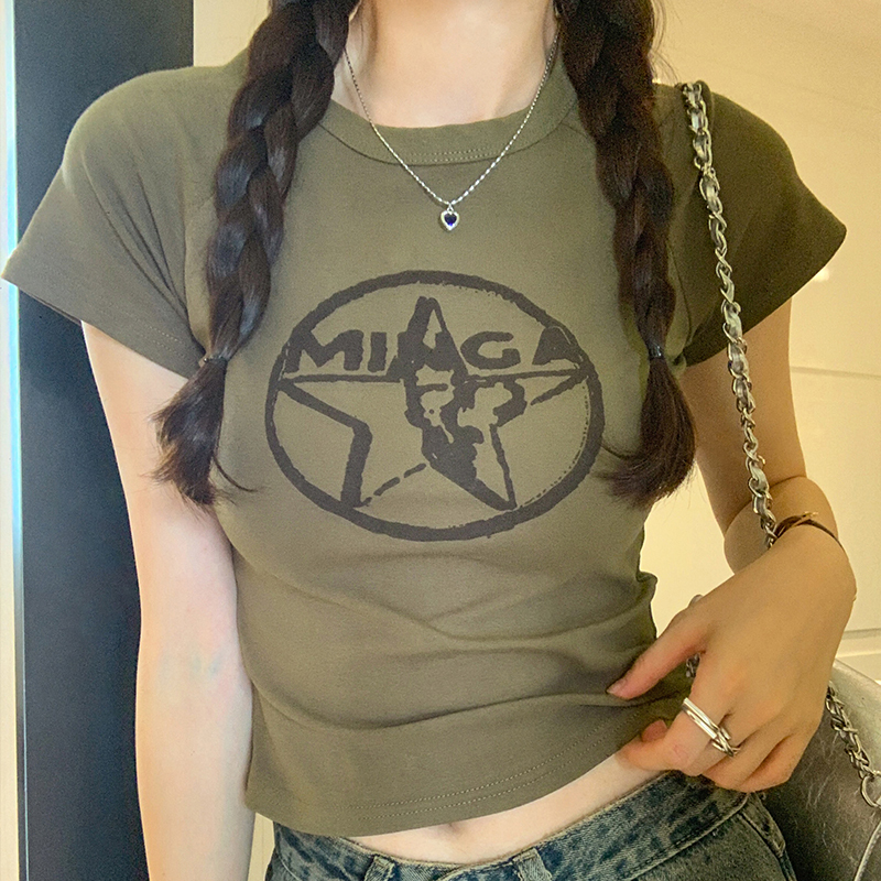 Military Green American Retro Printed Short-Sleeved T-Shirt for Women, Summer 2026 New Slim-Fit Slimming Hot Girl Short Top