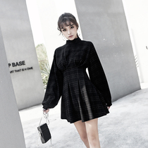 MUCHA black plaid one-piece dress with waist display slim temperament long sleeve skirt short and small black dress lady 2020 new
