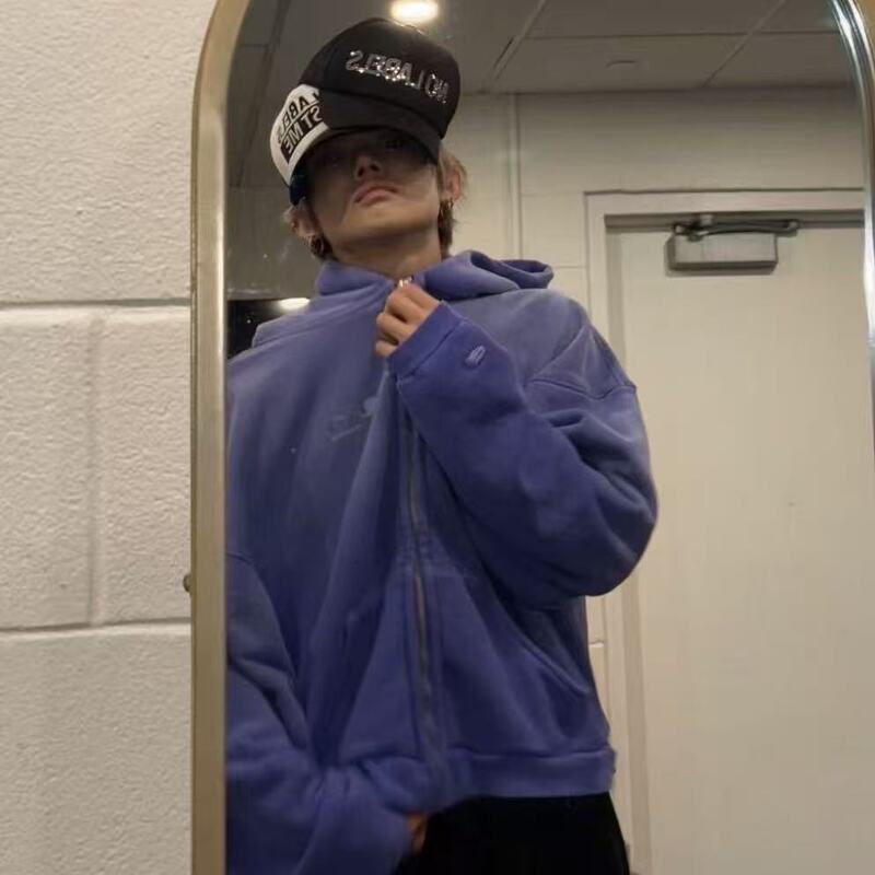 Correct/Erl California Blue-Purple Gradient Washed Vintage Cardigan Hoodie, Same Style as Cui Ranjun