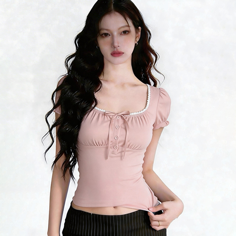 Amyway [Sweet Girl Retro] Girly Square Collar Bow Tie Short-Sleeved Waist Slimming Look T-Shirt Top for Women