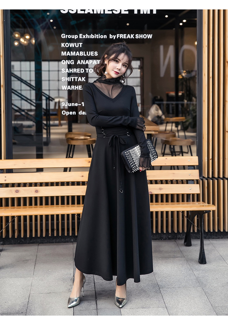 Tình yêu đầu tiên mùa thu sang trọng mùa thu có một vòng eo khí chất nữ tính là lưới mỏng khâu váy dài tay nữ áo dài đầm