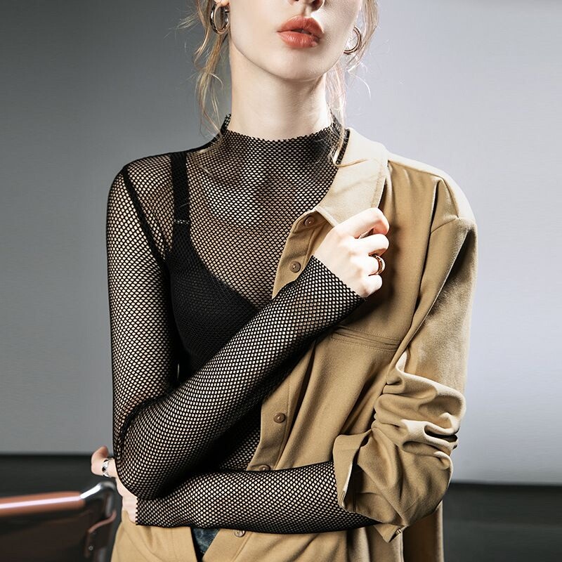 Half-High Collar Mesh Base Shirt for Women, 2026 Autumn New Style, Sexy Pure Desire Top, Fishnet Hollow Mesh Blouse