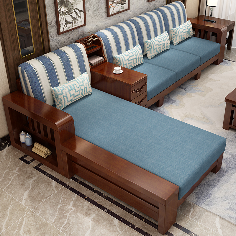 Solid Wood Sofa Combination New Chinese Furniture Bed Living Room Modern Minimalist Small Apartment Fabric