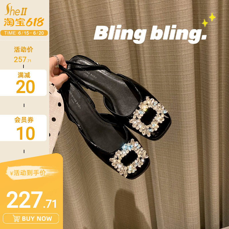 (sheii Suyin Yin) Rhine River ~ Water Diamond Genuine Leather Bag Square Head Rear Empty Flat Base Sandal Commuter Single Shoes