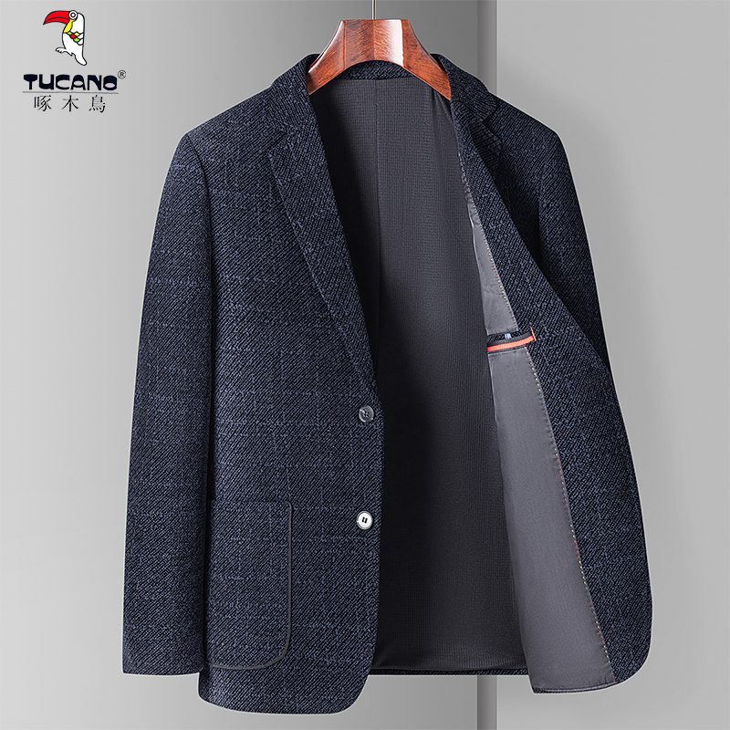 Woodpecker Casual Blazer for Men, Single-Breasted, Autumn and Winter New Style, Business Middle-Aged Woolen Suit, Slim Fit, Casual Thick Style