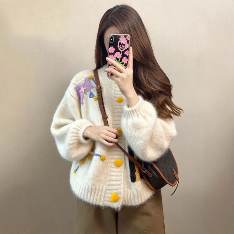 Lazy Style Jacquard Embroidery Design Soft Knit Cardigan Sweater for Women 2026 Autumn and Winter Loose Outerwear Top Lazy Style Jacquard Embroidery Design Soft Knit Cardigan Sweater for Women 2026 Autumn and Winter Loose Outerwear Top