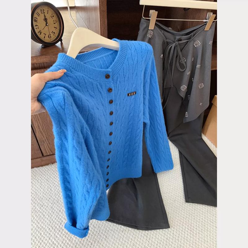 Klein Blue High-End Twist Knit Cardigan Women's Sweater Coat Autumn and Winter New Loose Design Top