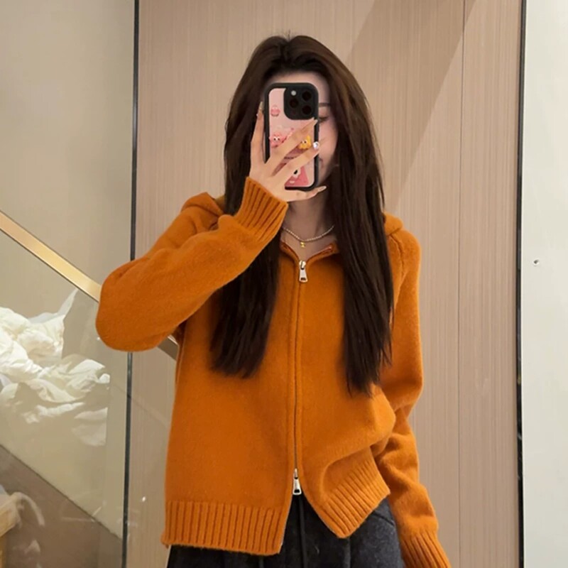 Orange Hooded Sweater for Women, Lazy Style Cardigan Jacket, Autumn 2026 New Model, This Year's Popular Hot-Selling Knit Top Orange Hooded Sweater for Women, Lazy Style Cardigan Jacket, Autumn 2026 New Model, This Year's Popular Hot-Selling Knit Top