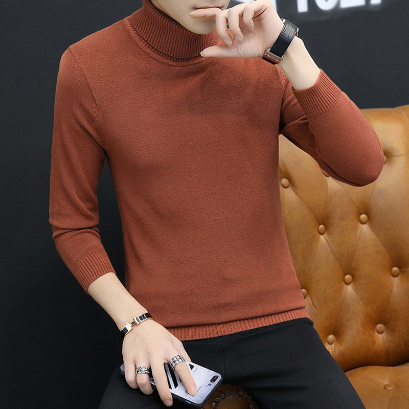 Turtleneck sweater men's autumn and winter Korean version of white sweater thickened liner solid color slim bottoming shirt trendy clothes