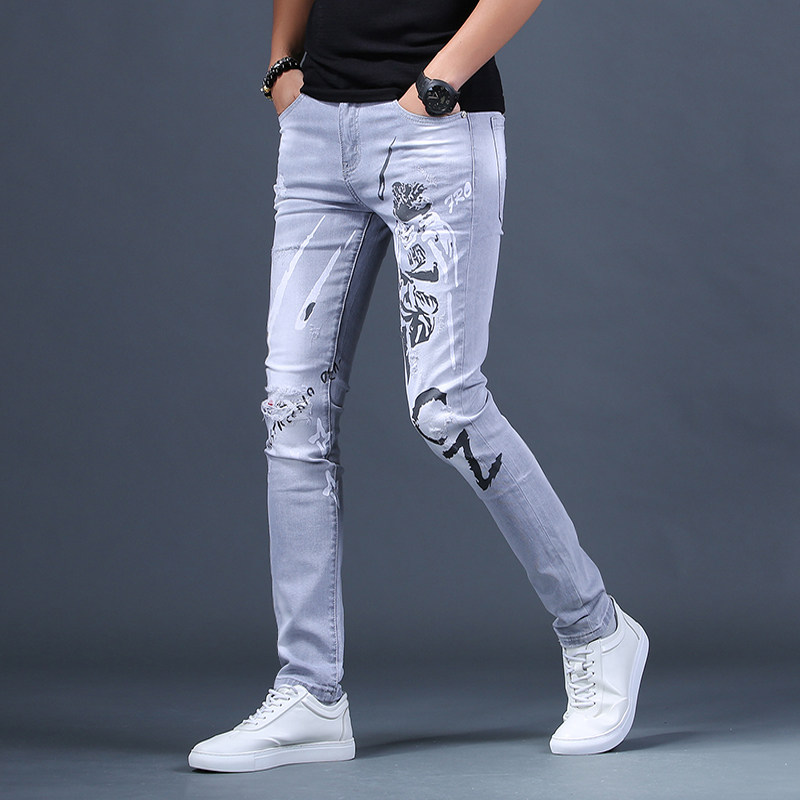 Tide brand summer style ripped printed jeans men's beggars slim fit all-match elastic trend light color small feet casual pants
