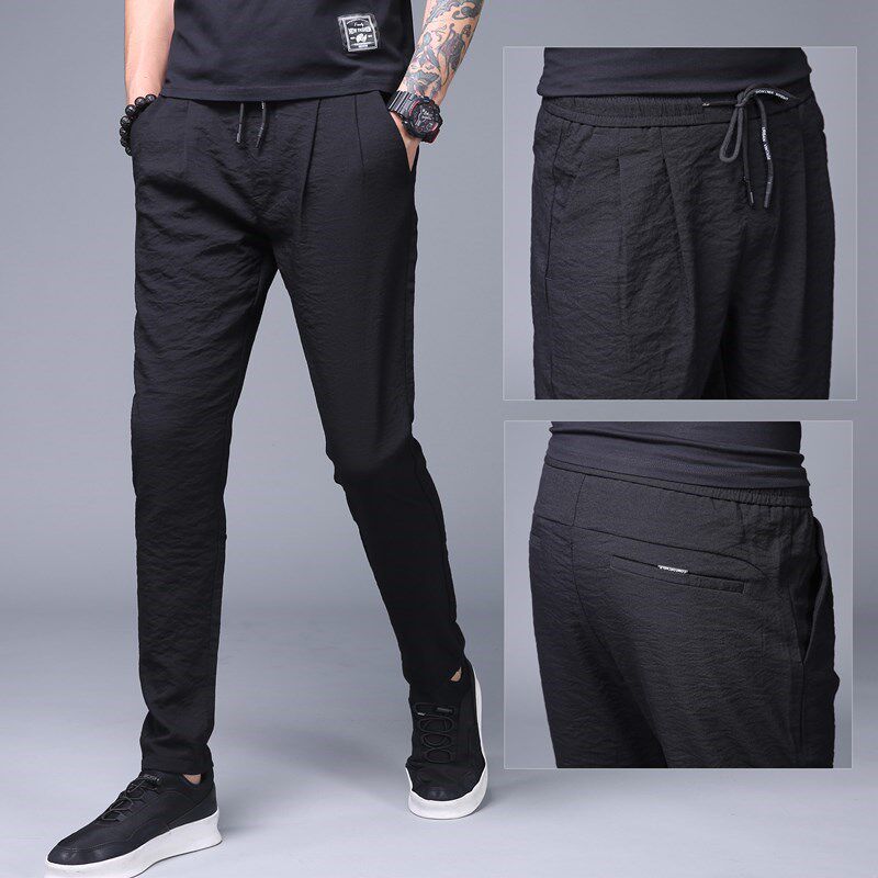 Hong Kong tide brand summer new men's ultra-thin ice silk loose feet thin section sports breathable Korean trend casual pants
