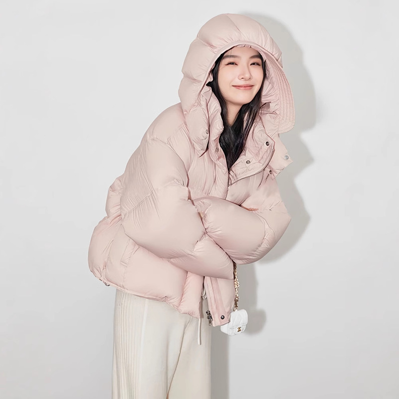 Girl's Heartfelt Thoughts 2025 Winter Pink Short down Jacket for Women with Hood, Thickened Stand Collar, Puff Style, 90% White Duck down Coat Girl's Heartfelt Thoughts 2025 Winter Pink Short down Jacket for Women with Hood, Thickened Stand Collar, Puff Style, 90% White Duck down Coat