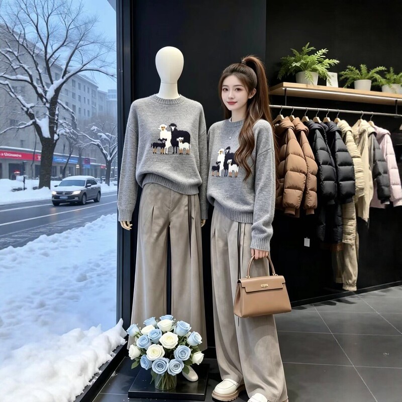 Cartoon Jacquard Round-Neck Sweater for Women, High-End Autumn and Winter New Style, Loose and Lazy, Age-Reducing Knit Top