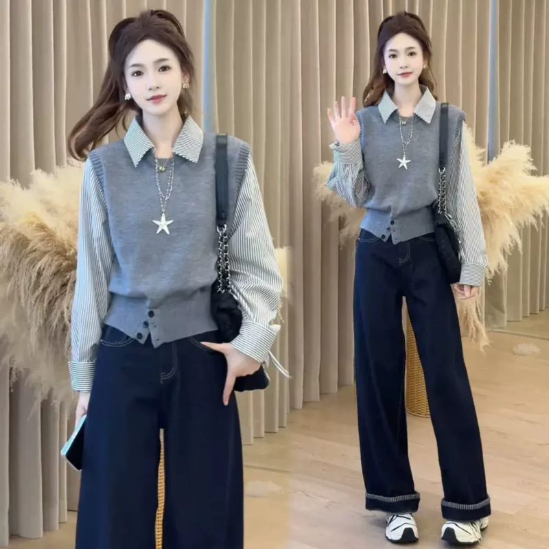 College Style Fake Two-Piece Striped Shirt with Knitted Sweater for Women, Autumn and Winter Pullover 2026 New Elegant Top College Style Fake Two-Piece Striped Shirt with Knitted Sweater for Women, Autumn and Winter Pullover 2026 New Elegant Top