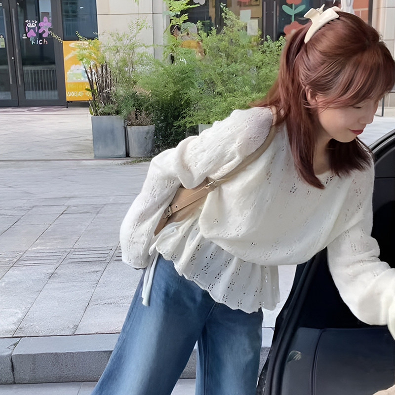Gentle Style Round Neck Crochet Hollow-Out Waist-Cinching Drawstring Knit Sweater for Women 2026 Spring and Autumn Thin Fashionable Long-Sleeve Top Trendy