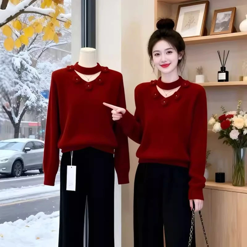 Heavy-Duty Three-Dimensional Floral Red Pullover Sweater for Women, Autumn and Winter, Stylish and Slimming Knit Top Heavy-Duty Three-Dimensional Floral Red Pullover Sweater for Women, Autumn and Winter, Stylish and Slimming Knit Top