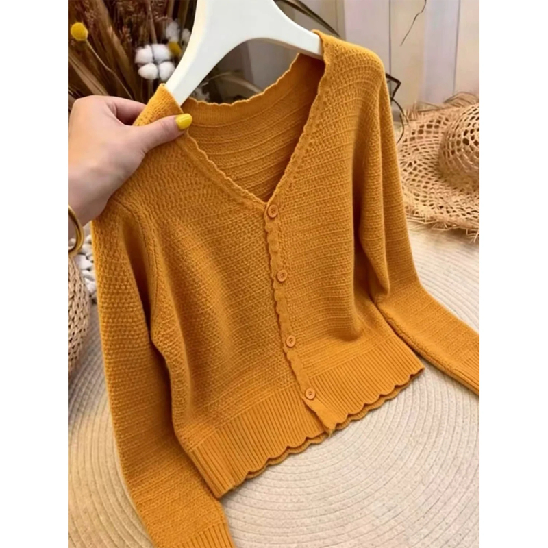 Korean Casual Style Orange V-Neck Long-Sleeved Knitted Cardigan for Women, Autumn 2026 New Loose and Versatile Button-Up Top