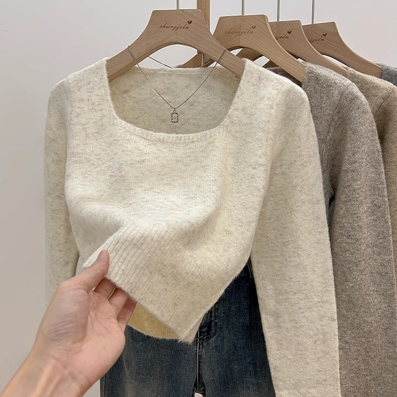 Short, Soft Sweater for Petite Women, New Autumn and Winter Long-Sleeved Square-Neck Knit Top
