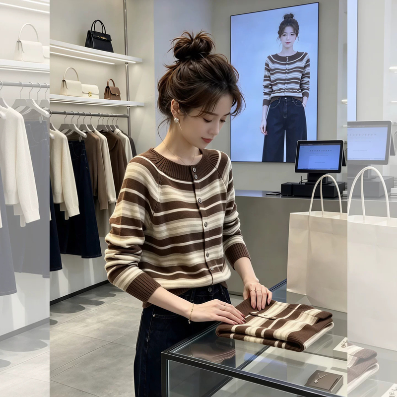 Retro Striped Off-The-Shoulder Long-Sleeve Knit Cardigan Women's Sweater, New Autumn Fashion Stylish Design Top