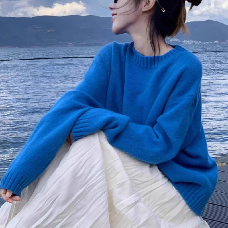 Klein Blue Round Neck Pullover Sweater for Women, Autumn and Winter 2026 New Style, Lazy Loose Fit, Plus Size Knitted Base Shirt Top Klein Blue Round Neck Pullover Sweater for Women, Autumn and Winter 2026 New Style, Lazy Loose Fit, Plus Size Knitted Base Shirt Top