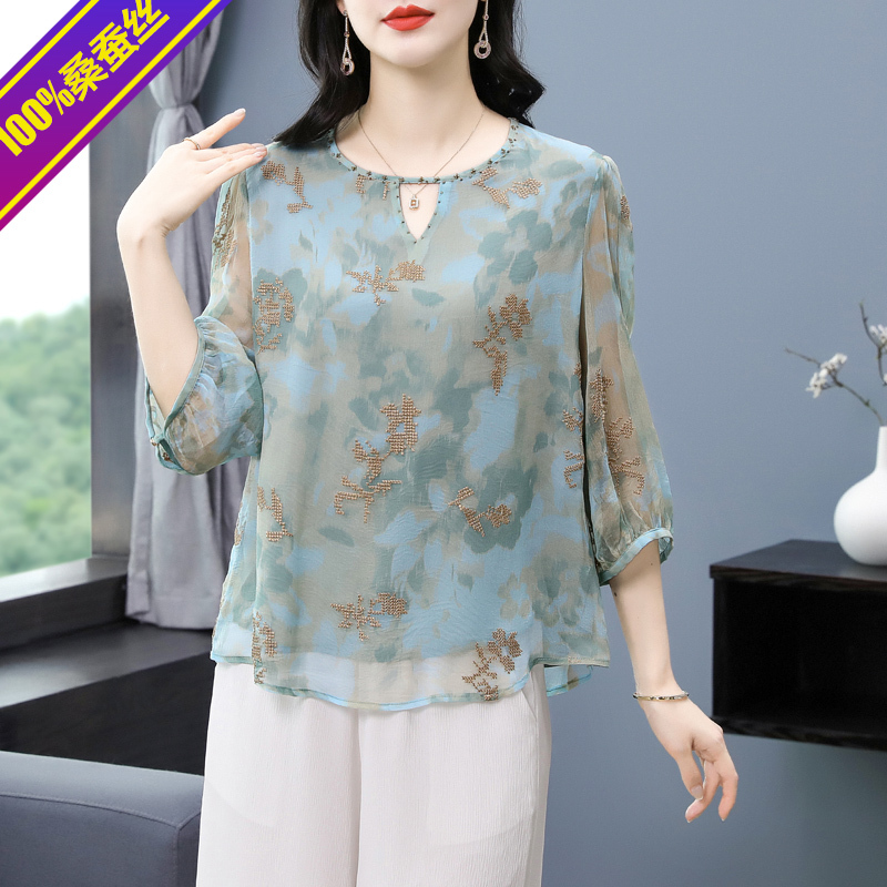 Authentic Hangzhou High-End Brand Silk Mulberry Silk Blouse for Women, International Brand 2026 New Style Mother's Printed Shirt