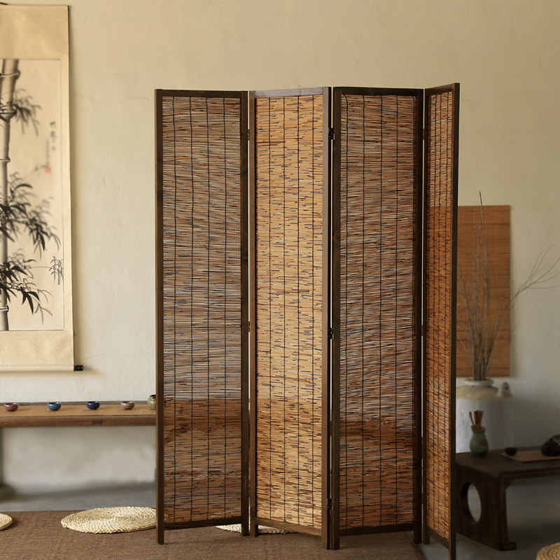 Screen Curtain Fold folding partition Living room Chinese style Xuanguan retro decoration Easy folding screen mobile bedroom Reed Curtain Screen