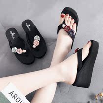 Herringbone slippers womens fashion high heel slippers outside wearing slopes and thick bottom herringbone tug seaside beach clips sandals