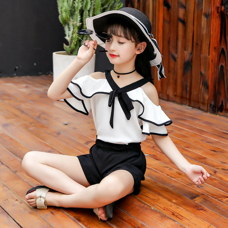 10 summer clothes 6 girls leaky shoulder chiffon shorts suit 12 years old children's clothes 7 little girls 8 summer 9 clothes 11 summer