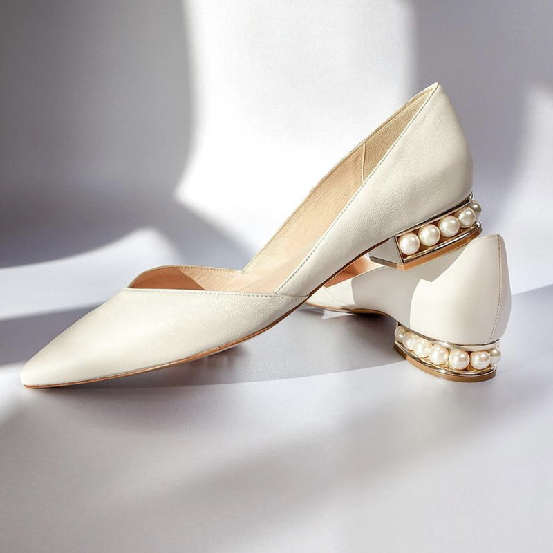Women's Shoes 2026 New Wedding Shoes Pointed Toe Shoes Evening Style Genuine Leather French Nk Pearl Heel Shallow Flat Shoes for Women