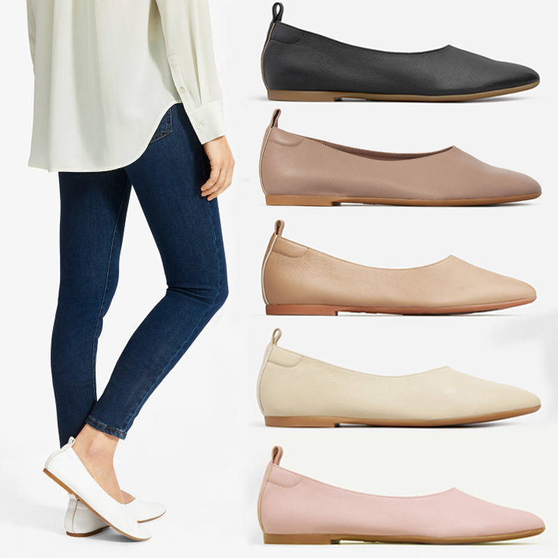 Everlane Inschic Flat Shoes for Women, Summer Versatile Genuine Leather Boat Shoes, Retro Soft-Soled Single Shoes, Shallow Mouth Granny Shoes