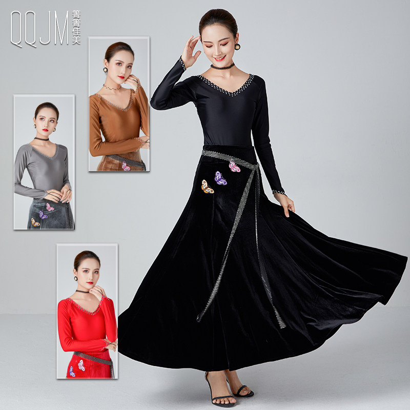 Qingqing Jiamei 2022 autumn and winter new velvet temperament modern dance suit body-fitting V-neck top skirt combination