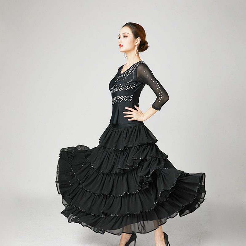 Modern dance skirt new performance suit adult waltz V-neck hot drill top chiffon skirt two-piece set
