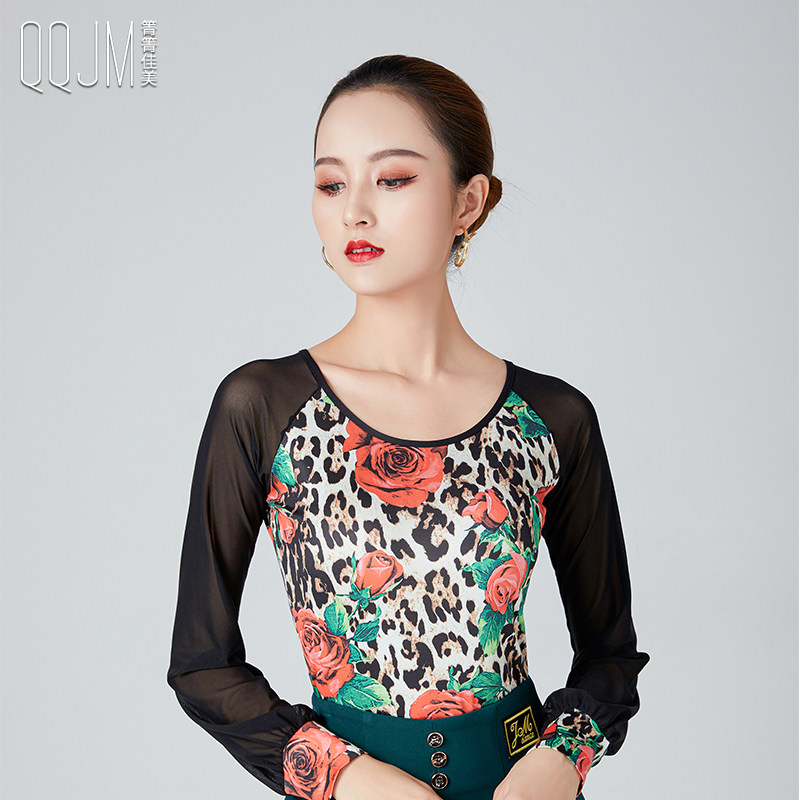 Qingqing Jiamei's new ice silk training suit slim fit pattern modern dance top women's national standard dance print long-sleeved round neck