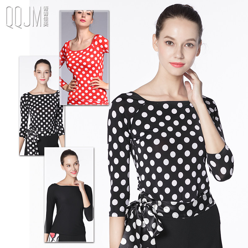Morden Dance Blouse Women Adult New Elastic Ice Silk Polo Dots 70% Sleeves Social Dance National Mark Waltz Dance Suit
