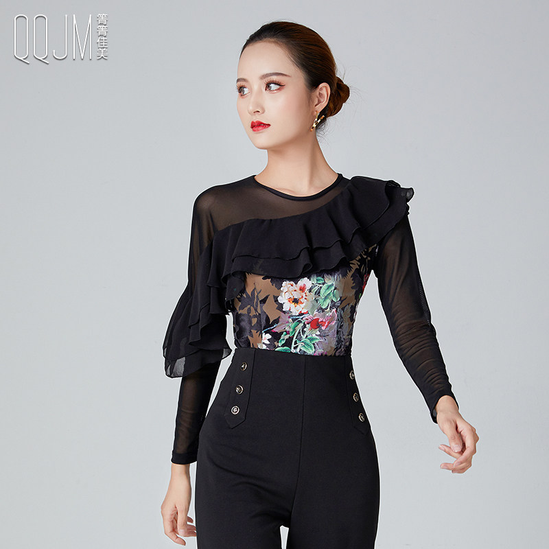 Qingqing Jiamei's new modern dance top women's ruffled long-sleeved slanted collar printed velvet square dance practice clothes