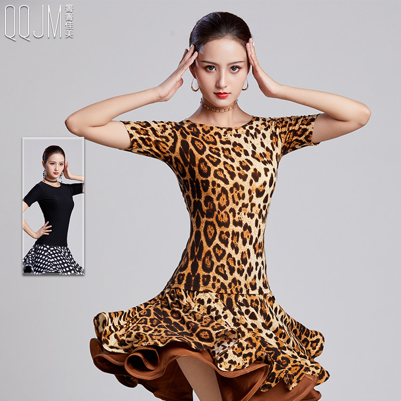 National standard dance tops women's new modern adult dance summer black high-end Latin dance practice clothes leopard print short sleeves